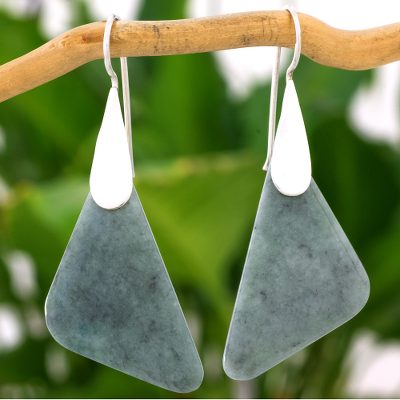 Jade dangle earrings, 'Contemporary Contours' - Modern Handcrafted Apple Green Jade Earrings from Guatemala
