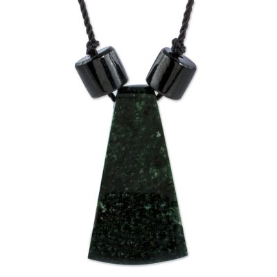Jade pendant necklace, 'Bold Shadows' - Maya Style Dark Green Jade Pendant Necklace