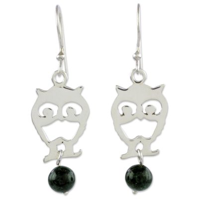 Jade dangle earrings, 'Bird of the Night' - Handcrafted Bird Theme Earrings with Dark Green Jade
