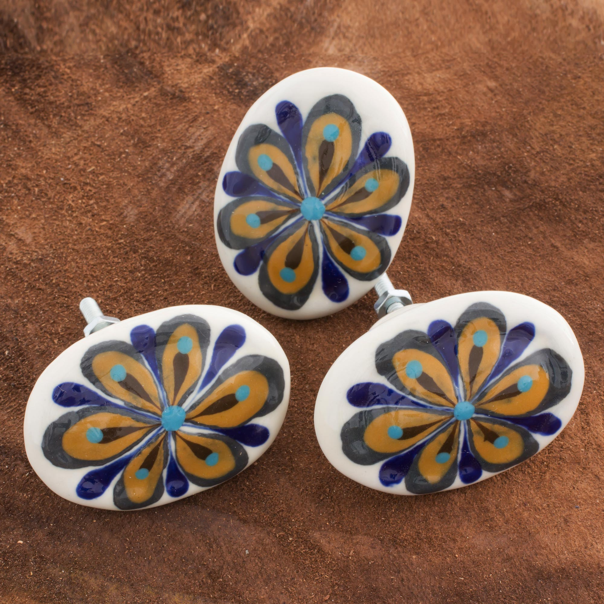 Set Of 6 Handcrafted Floral Ceramic Cabinet Knobs Guatemala Oval