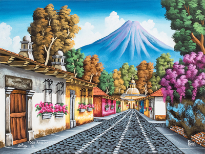 'Calle San Francisco II' - Pintura al óleo firmada de una calle y un volcán de Antigua