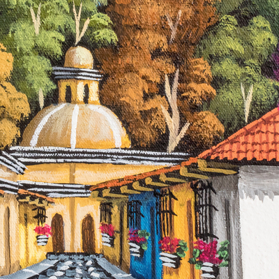 'Calle San Francisco II' - Pintura al óleo firmada de una calle y un volcán de Antigua