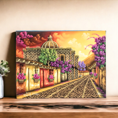 'School of Christ Church I' - Sunset Tone Signed Painting of a Church in Guatemala