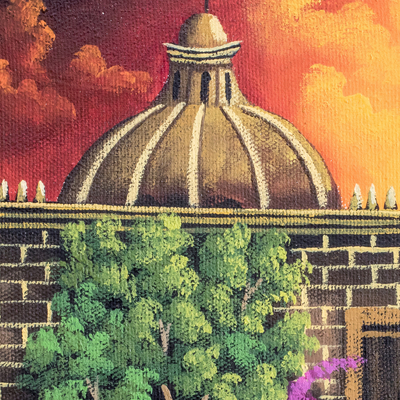 „School of Christ Church I“ – signiertes Gemälde einer Kirche in Guatemala im Sonnenuntergang