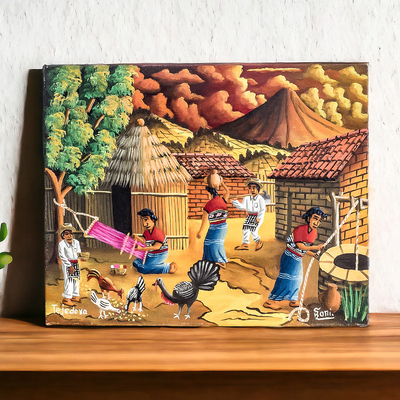 'Weaver' - Colorful Oil Painting of a Village Scene in Guatemala