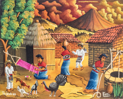 Colorful Oil Painting of a Village Scene in Guatemala