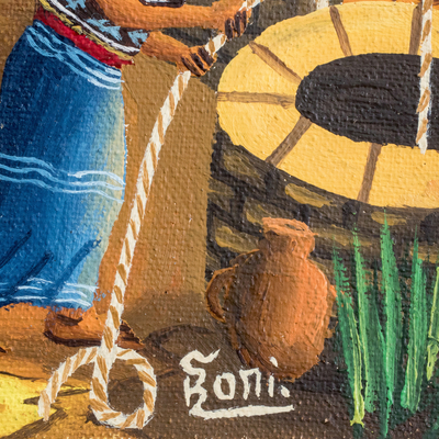 'Weaver' - Colorida pintura al óleo de una escena de pueblo en Guatemala
