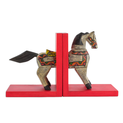 Handcrafted Pinewood Horse Bookends from Guatemala (Pair)
