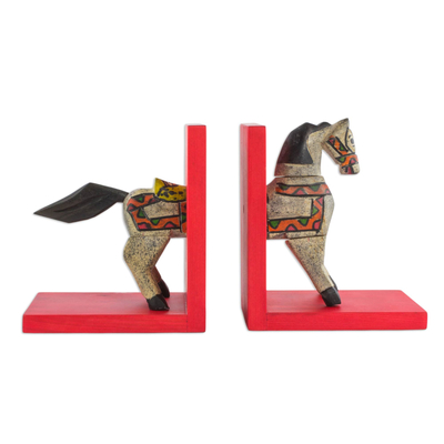 Pinewood bookends, 'Gallop to Knowledge' (pair) - Handcrafted Pinewood Horse Bookends from Guatemala (Pair)
