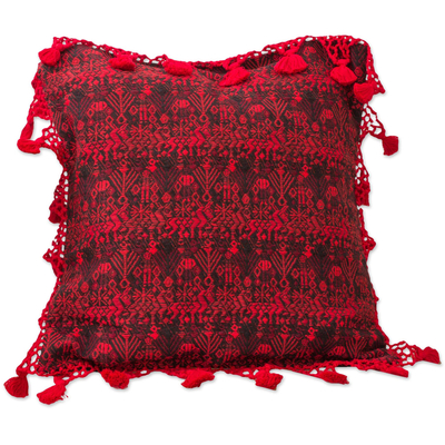 Cotton cushion cover, 'Tactic Crimson' - Red Stars and Diamonds Handwoven Maya Cushion Cover