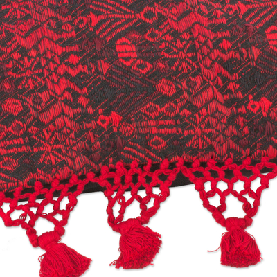 Cotton cushion cover, 'Tactic Crimson' - Red Stars and Diamonds Handwoven Maya Cushion Cover