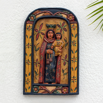 Wandtafel mit Holzrelief, „Virgen del Carmen“. - Kunsthandwerklich hergestellte Holzwandtafel der Jungfrau mit Kind