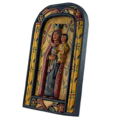 Wandtafel mit Holzrelief, „Virgen del Carmen“. - Kunsthandwerklich hergestellte Holzwandtafel der Jungfrau mit Kind
