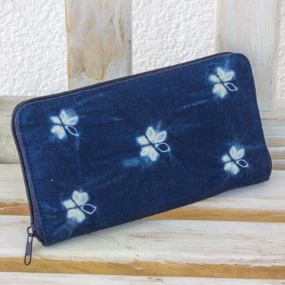 Cotton batik wallet, 'Floral Butterflies' - Batik Flower Butterflies on Natural Indigo Cotton Wallet