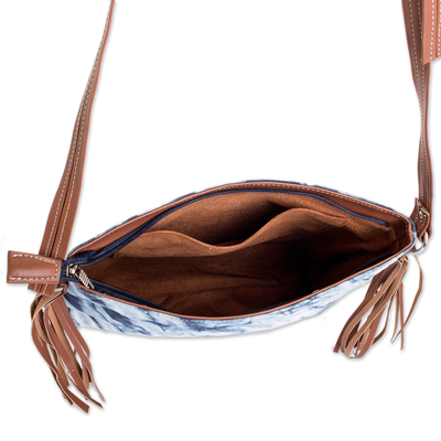 Cotton with leather accent shoulder bag, 'Indigo Waves' - White Cotton Shoulder Bag with Indigo Waves and Leather Trim
