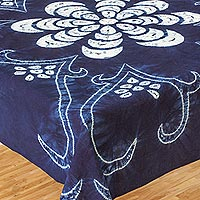 Cotton batik tablecloth, 'El Salvador Wildflower' - White Flower on Indigo Cotton Batik Hand Crafted Table Cloth