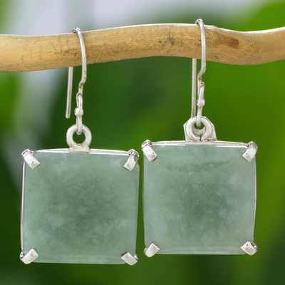 Jade dangle earrings, 'Abstract Square' - Minimalist Silver and Apple Green Jade Artisan Earrings