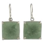 Jade dangle earrings, 'Abstract Square' - Minimalist Silver and Apple Green Jade Artisan Earrings