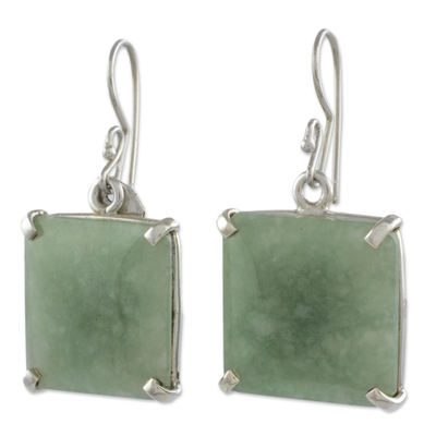 Jade dangle earrings, 'Abstract Square' - Minimalist Silver and Apple Green Jade Artisan Earrings