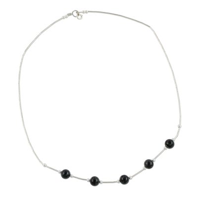 Jade station necklace, 'Cool Green Ponds' - Sterling Silver and Dark Green Maya Jade Artisan Necklace