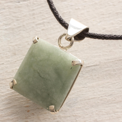 Jade pendant necklace, 'Abstract Square' - Handcrafted Silver and Apple Green Maya Jade Necklace