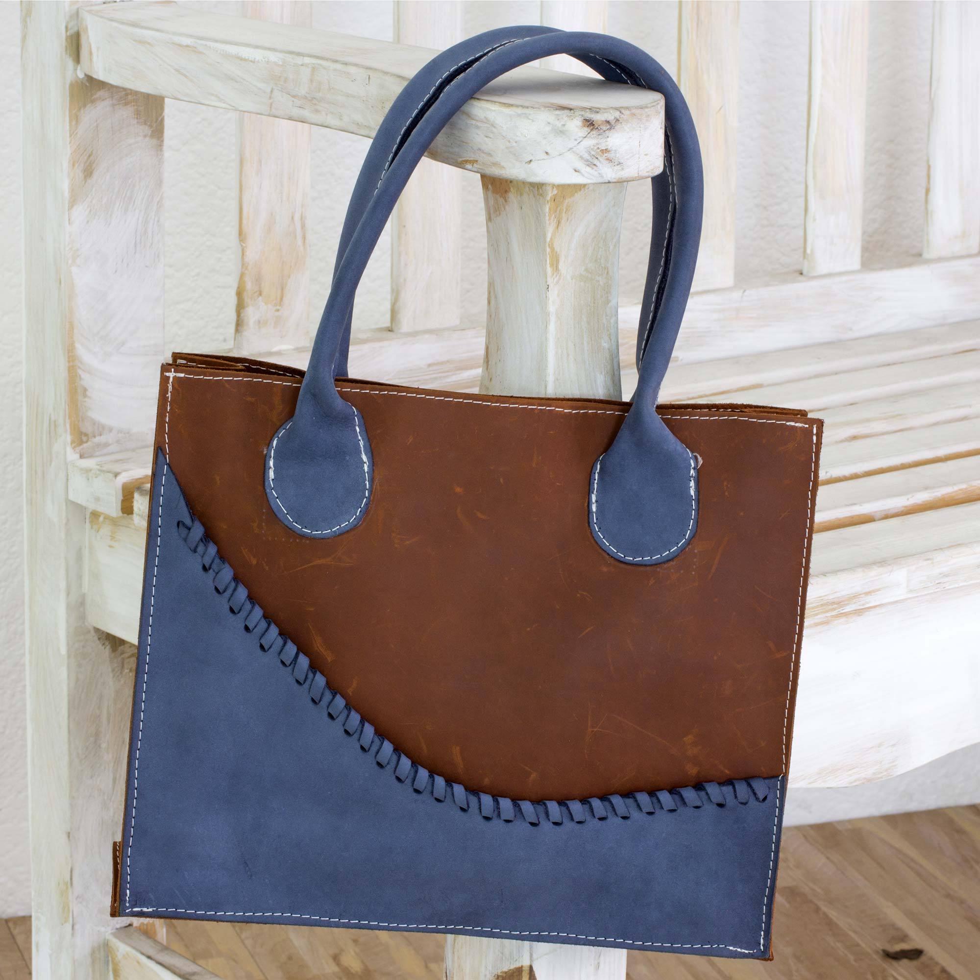 Artisan Crafted Brown and Blue Leather Tote Bag - Wave of Blue | NOVICA