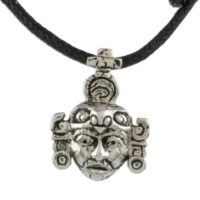 Sterling silver pendant necklace, 'Mask from Tikal' - Maya Inspired Silver Pendant Necklace on Black Cotton Cord