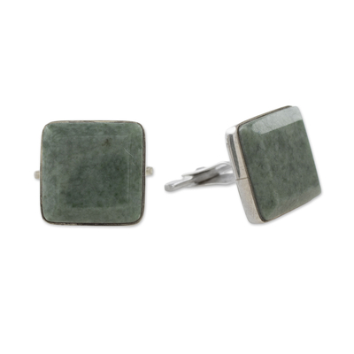 Jade cufflinks, 'Light Green Maya Minimalist' - Guatemala Jade and 925 Silver Cuff Links Men's Accessories