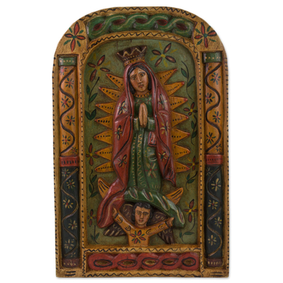 Wood relief panel, 'The Virgin of Guadalupe' - The Virgin of Guadalupe Artisan Carved Wood Relief Panel