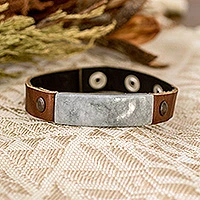 Men's jade and leather wristband bracelet, 'Light Green Maya Fortress'