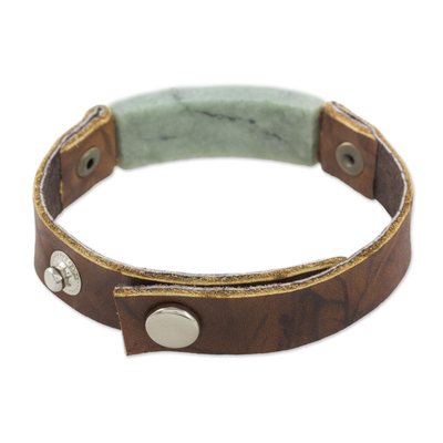 Men's jade and leather wristband bracelet, 'Light Green Maya Fortress' - Men's Leather Wristband Bracelet with Light Green Jade