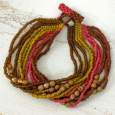 Beaded bracelet, 'Life is a Spring Feast' - Handmade Fair Trade Beaded Bracelet in Terracotta Pink Yello