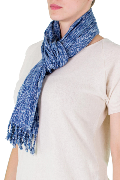 Cotton scarf, 'Clouds in the Sky' - Blue and White Organic Indigo Dyed Handwoven Cotton Scarf