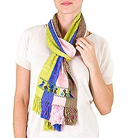 Cotton scarf, 'Patinamit Flowers' - Handwoven Cotton Scarf with Wide Textured Stripes