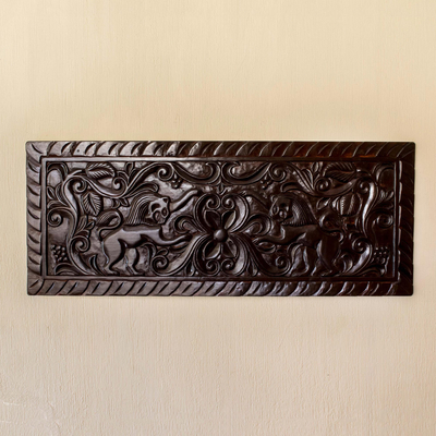 Wood relief panel, 'Guardian Lions' - Artisan Crafted Wood Relief Panel with Lion Motif