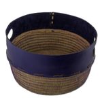 Leather and pine fiber basket, 'Vibrant' - Artisan Crafted Blue Leather and Pine Decorative Basket