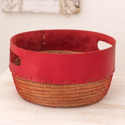 Leather and pine fiber basket, 'Vibrant Red' - Hand Crafted Red Leather and Pine Basket from Nicaragua