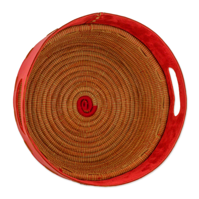 Leather and pine fiber basket, 'Vibrant Red' - Hand Crafted Red Leather and Pine Basket from Nicaragua