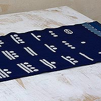 Cotton table runner, 'Blue Maya Math' - Blue Cotton Handwoven Table Runner with Maya Numbers