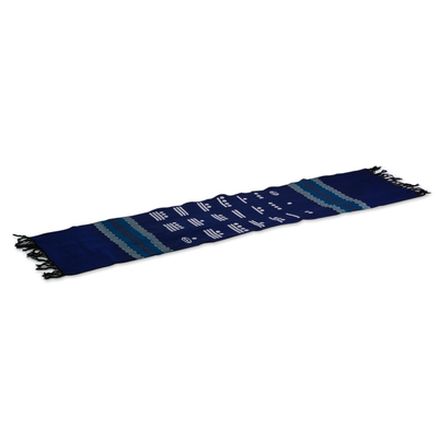 Cotton table runner, 'Blue Maya Math' - Blue Cotton Handwoven Table Runner with Maya Numbers