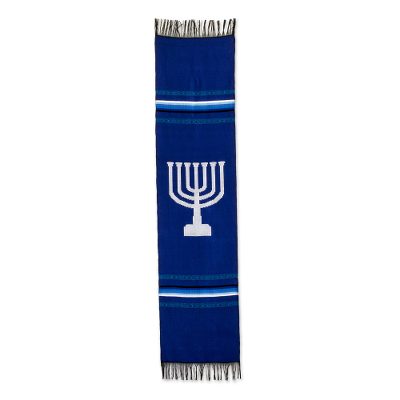 Cotton table runner, 'Blue Menorah Lights' - Blue Cotton Handwoven Jewish Menorah Table Runner