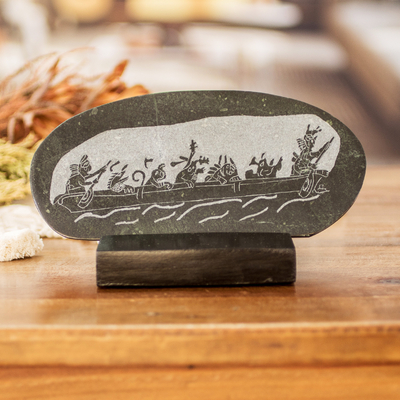 Jade plaque, 'Maya Canoe Journey' - Maya Museum Replica Green Jade Plaque and Stand