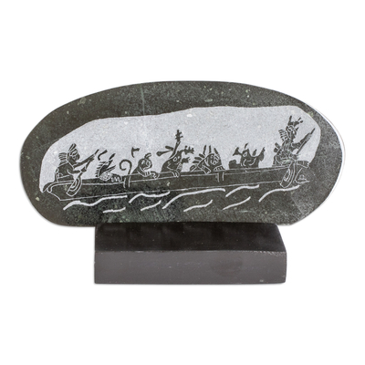 Jade plaque, 'Maya Canoe Journey' - Maya Museum Replica Green Jade Plaque and Stand