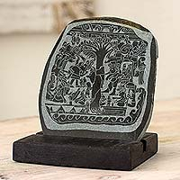 Jade plaque, 'Maya Tree of Life Stone' - Green Jade Maya Archaeological Replica Plaque and Wood Stand