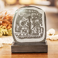 Placa de jade, 'Piedra del árbol de la vida maya' - Placa de réplica arqueológica maya de jade verde y soporte de madera