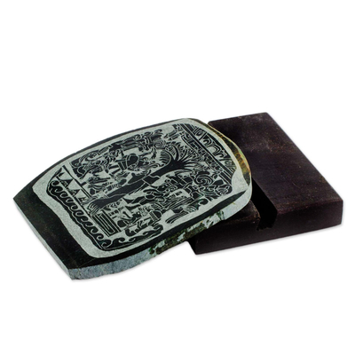 placa de jade - Placa réplica arqueológica maya de jade verde y soporte de madera