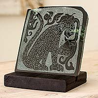 Jade plaque, 'Maya Spotted Jaguar' - Chichen Itza Jaguar Replica Green Jade Plaque