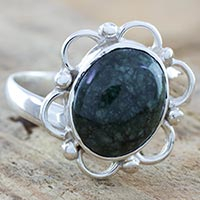 Jade flower ring, 'Spatial Rose' - Sterling Silver Flower Ring with Natural Jade from Guatemala