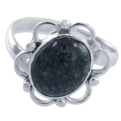 Sterling Silver Flower Ring with Natural Jade from Guatemala