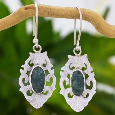 Jade dangle earrings, 'Mirror of Tradition' - Sterling Silver Earrings with Natural Jade from Guatemala